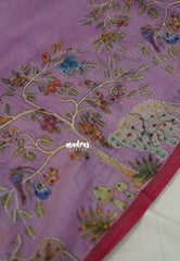 Muted Lilac Purple - Artisan Crafeted Soft Tissue linen Saree with Intricate Hand Embroidered French Knot Work