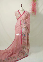 Muted Blush Pink - Artisan Crafeted Soft Tissue linen Saree with Intricate Hand Embroidered French Knot Work