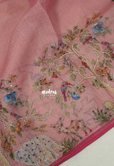 Muted Blush Pink - Artisan Crafeted Soft Tissue linen Saree with Intricate Hand Embroidered French Knot Work