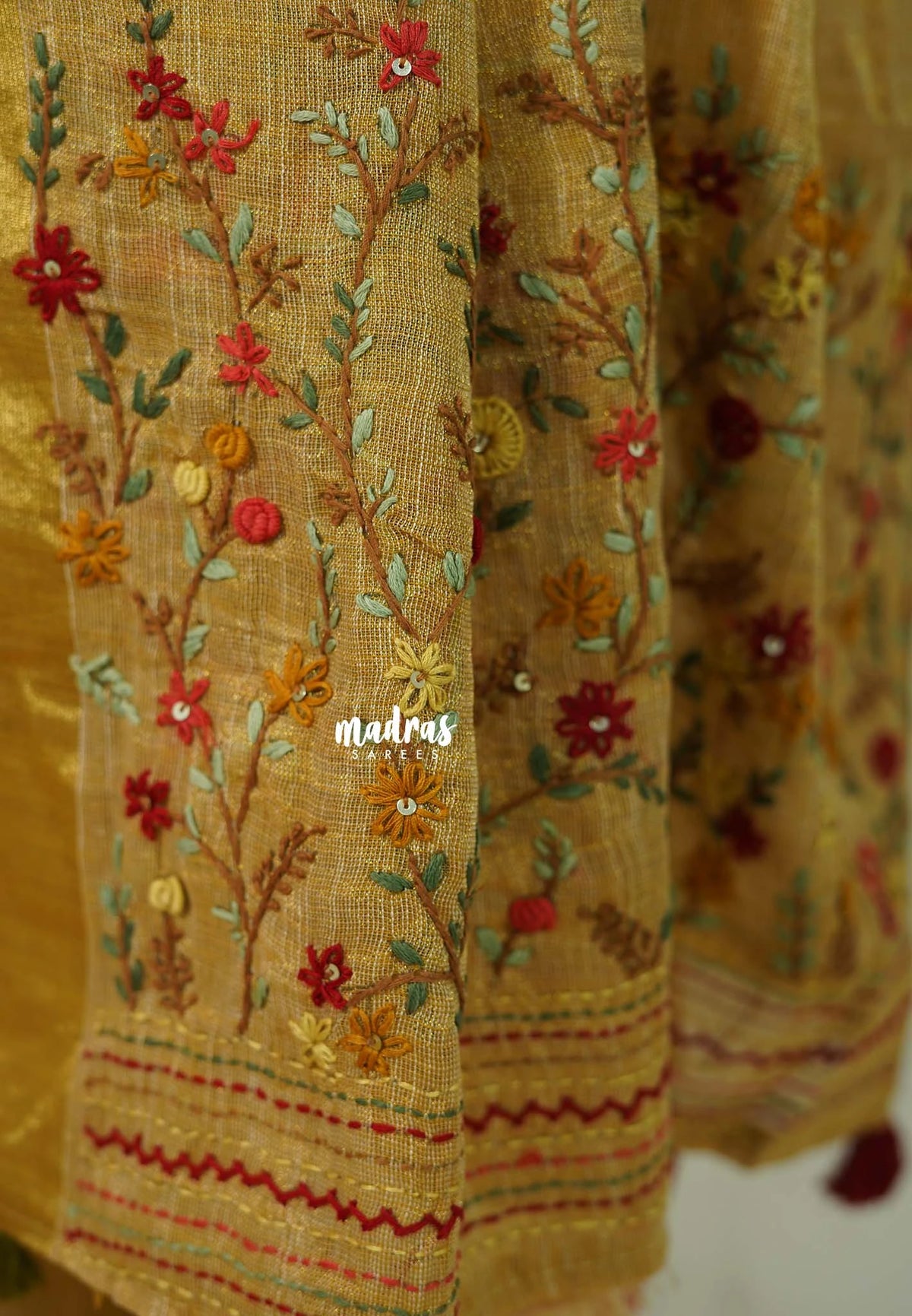Golden Sand-D3 - Artisan Crafeted Soft Tissue linen Saree with Intricate Hand Embroidered French Knot Work