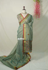 Muted Sage Green-D3 - Artisan Crafeted Soft Tissue linen Saree with Intricate Hand Embroidered French Knot Work