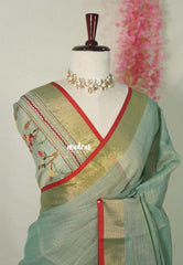 Muted Sage Green-D3 - Artisan Crafeted Soft Tissue linen Saree with Intricate Hand Embroidered French Knot Work