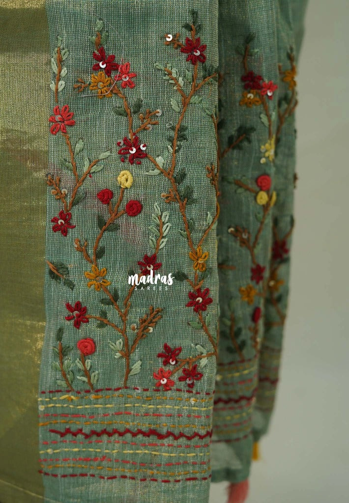 Muted Sage Green-D3 - Artisan Crafeted Soft Tissue linen Saree with Intricate Hand Embroidered French Knot Work