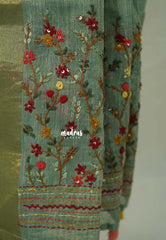 Muted Sage Green-D3 - Artisan Crafeted Soft Tissue linen Saree with Intricate Hand Embroidered French Knot Work