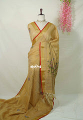 Muted Sandal - Artisan Crafeted Soft Tissue linen Saree with Intricate Hand Embroidered French Knot Work