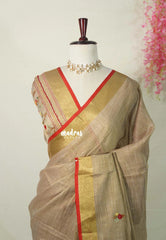 French Beige-D3 - Artisan Crafeted Soft Tissue linen Saree with Intricate Hand Embroidered French Knot Work