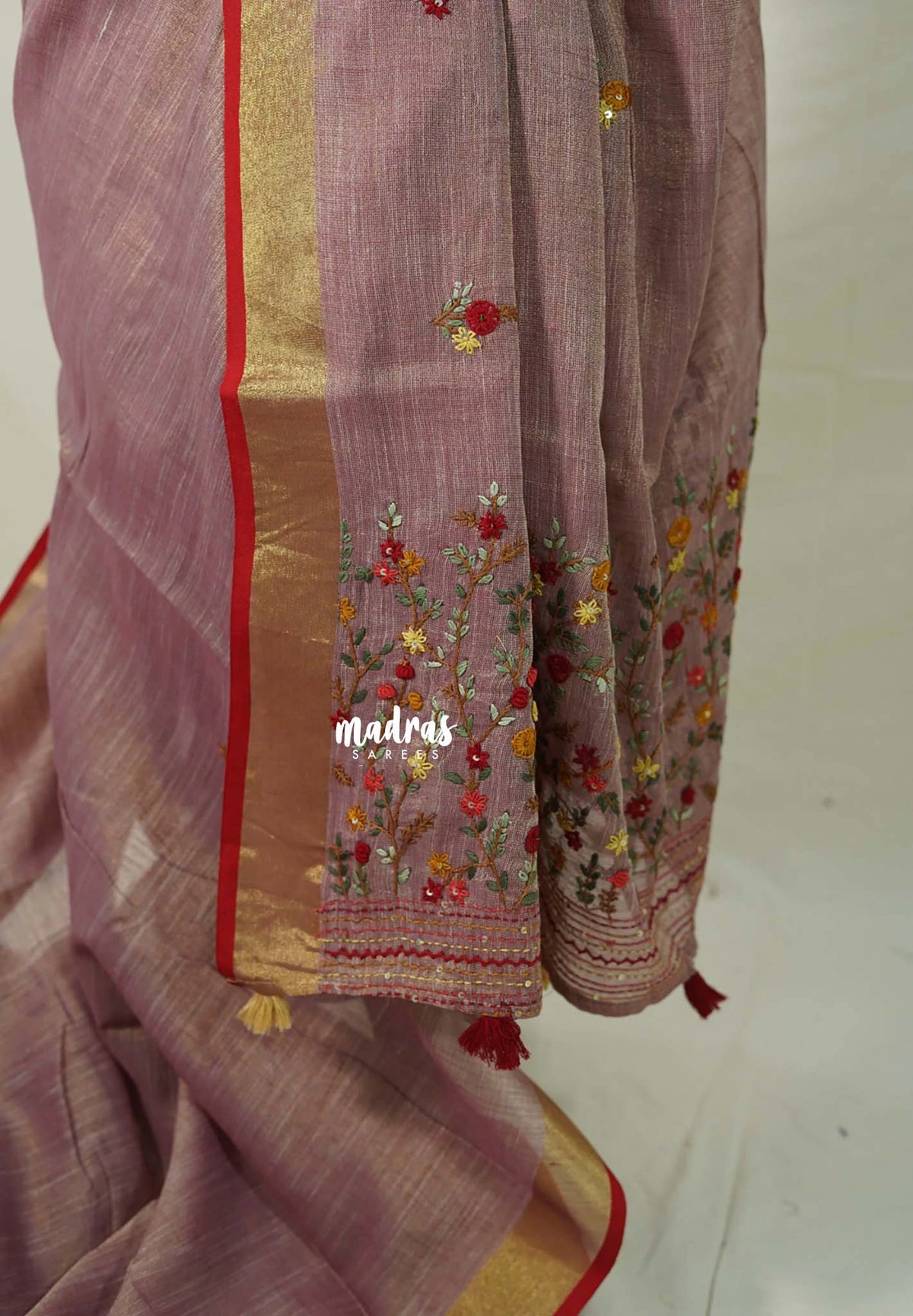 Muted Onion Pink-D3 - Artisan Crafeted Soft Tissue linen Saree with Intricate Hand Embroidered French Knot Work
