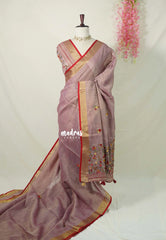 Muted Onion Pink-D3 - Artisan Crafeted Soft Tissue linen Saree with Intricate Hand Embroidered French Knot Work