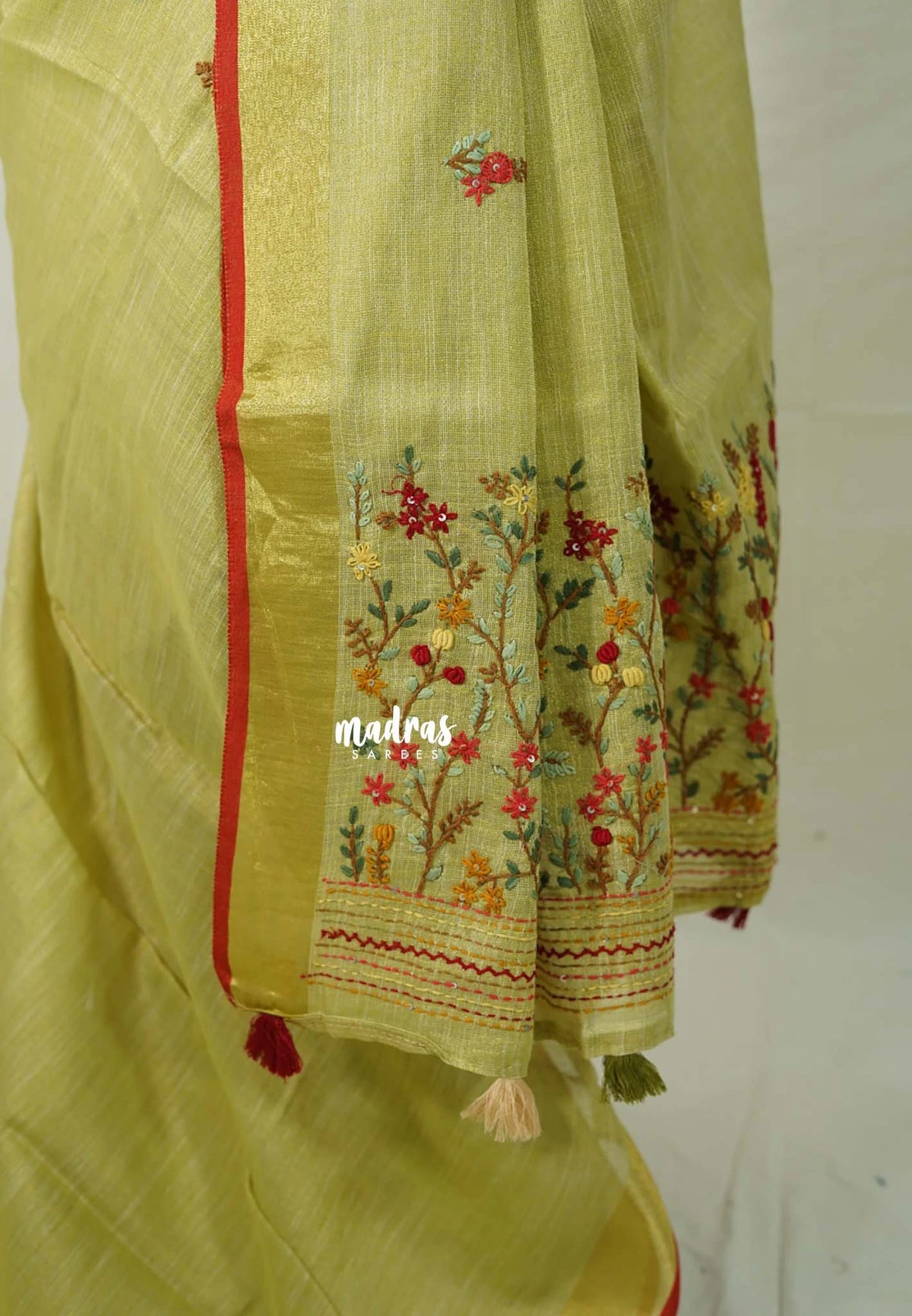Creamy Meghndi Green-D3 - Artisan Crafeted Soft Tissue linen Saree with Intricate Hand Embroidered French Knot Work