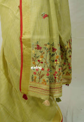 Creamy Meghndi Green-D3 - Artisan Crafeted Soft Tissue linen Saree with Intricate Hand Embroidered French Knot Work