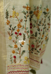 Creamy Ivory-D3 - Artisan Crafeted Soft Tissue linen Saree with Intricate Hand Embroidered French Knot Work