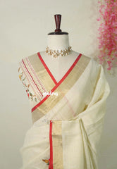 Creamy Ivory-D3 - Artisan Crafeted Soft Tissue linen Saree with Intricate Hand Embroidered French Knot Work