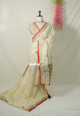 Creamy Ivory-D3 - Artisan Crafeted Soft Tissue linen Saree with Intricate Hand Embroidered French Knot Work