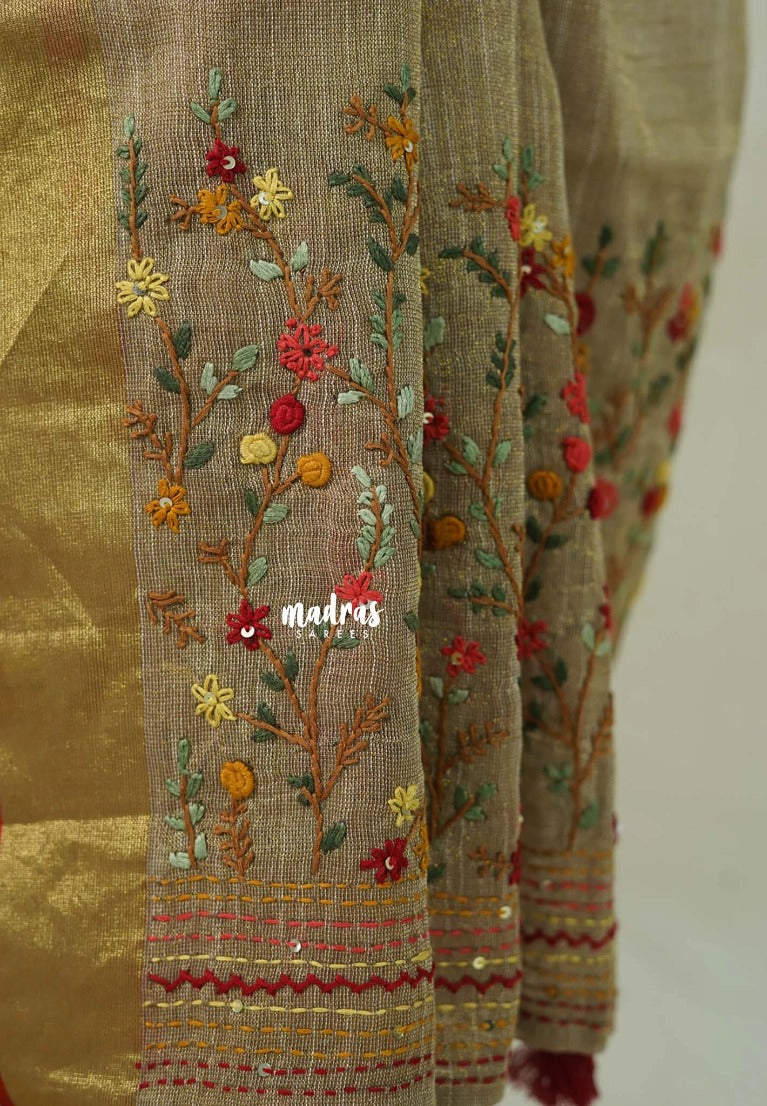 French Beige-D3 - Artisan Crafeted Soft Tissue linen Saree with Intricate Hand Embroidered French Knot Work