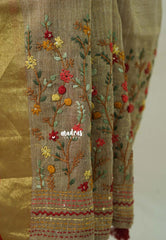 French Beige-D3 - Artisan Crafeted Soft Tissue linen Saree with Intricate Hand Embroidered French Knot Work
