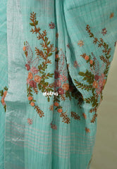 Creamy Turquoise Green - Artisan Crafeted Soft Tissue linen Saree with Checks and Intricate Hand Embroidered French Knot Work