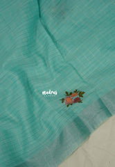 Creamy Turquoise Green - Artisan Crafeted Soft Tissue linen Saree with Checks and Intricate Hand Embroidered French Knot Work
