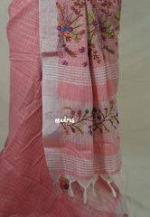 Soft Peach Pink - Artisan Crafeted Soft Tissue linen Saree with Checks and Intricate Hand Embroidered French Knot Work