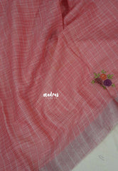 Soft Peach Pink - Artisan Crafeted Soft Tissue linen Saree with Checks and Intricate Hand Embroidered French Knot Work