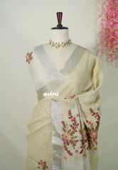 Muted Beige - Artisan Crafeted Soft Tissue linen Saree with Checks and Intricate Hand Embroidered French Knot Work