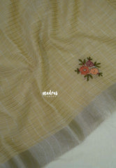 Muted Beige - Artisan Crafeted Soft Tissue linen Saree with Checks and Intricate Hand Embroidered French Knot Work