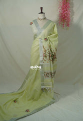 Pastel Lime Green - Artisan Crafeted Soft Tissue linen Saree with Checks and Intricate Hand Embroidered French Knot Work