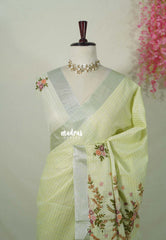 Pastel Lime Green - Artisan Crafeted Soft Tissue linen Saree with Checks and Intricate Hand Embroidered French Knot Work