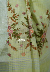 Pastel Lime Green - Artisan Crafeted Soft Tissue linen Saree with Checks and Intricate Hand Embroidered French Knot Work