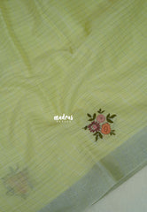 Pastel Lime Green - Artisan Crafeted Soft Tissue linen Saree with Checks and Intricate Hand Embroidered French Knot Work