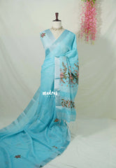 Melody Sky Blue  - Artisan Crafeted Soft Tissue linen Saree with Checks and Intricate Hand Embroidered French Knot Work