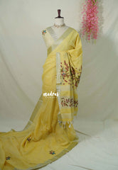 Light Canary Yellow  - Artisan Crafeted Soft Tissue linen Saree with Checks and Intricate Hand Embroidered French Knot Work