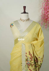 Light Canary Yellow  - Artisan Crafeted Soft Tissue linen Saree with Checks and Intricate Hand Embroidered French Knot Work