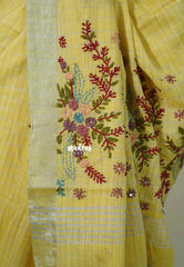 Light Canary Yellow  - Artisan Crafeted Soft Tissue linen Saree with Checks and Intricate Hand Embroidered French Knot Work