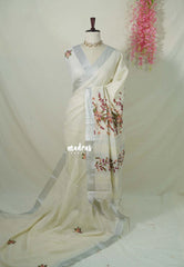 Creamy Ivory - Artisan Crafeted Soft Tissue linen Saree with Checks and Intricate Hand Embroidered French Knot Work