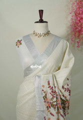 Creamy Ivory - Artisan Crafeted Soft Tissue linen Saree with Checks and Intricate Hand Embroidered French Knot Work