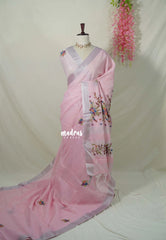 Soft Cotton Candy Pink  - Artisan Crafeted Soft Tissue linen Saree with Checks and Intricate Hand Embroidered French Knot Work