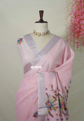 Soft Cotton Candy Pink  - Artisan Crafeted Soft Tissue linen Saree with Checks and Intricate Hand Embroidered French Knot Work