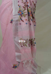 Soft Cotton Candy Pink  - Artisan Crafeted Soft Tissue linen Saree with Checks and Intricate Hand Embroidered French Knot Work
