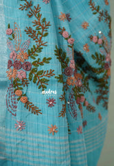 Melody Sky Blue  - Artisan Crafeted Soft Tissue linen Saree with Checks and Intricate Hand Embroidered French Knot Work