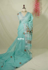 Creamy Turquoise Green - Artisan Crafeted Soft Tissue linen Saree with Checks and Intricate Hand Embroidered French Knot Work