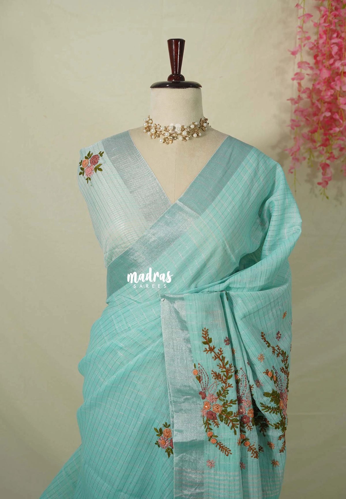 Creamy Turquoise Green - Artisan Crafeted Soft Tissue linen Saree with Checks and Intricate Hand Embroidered French Knot Work