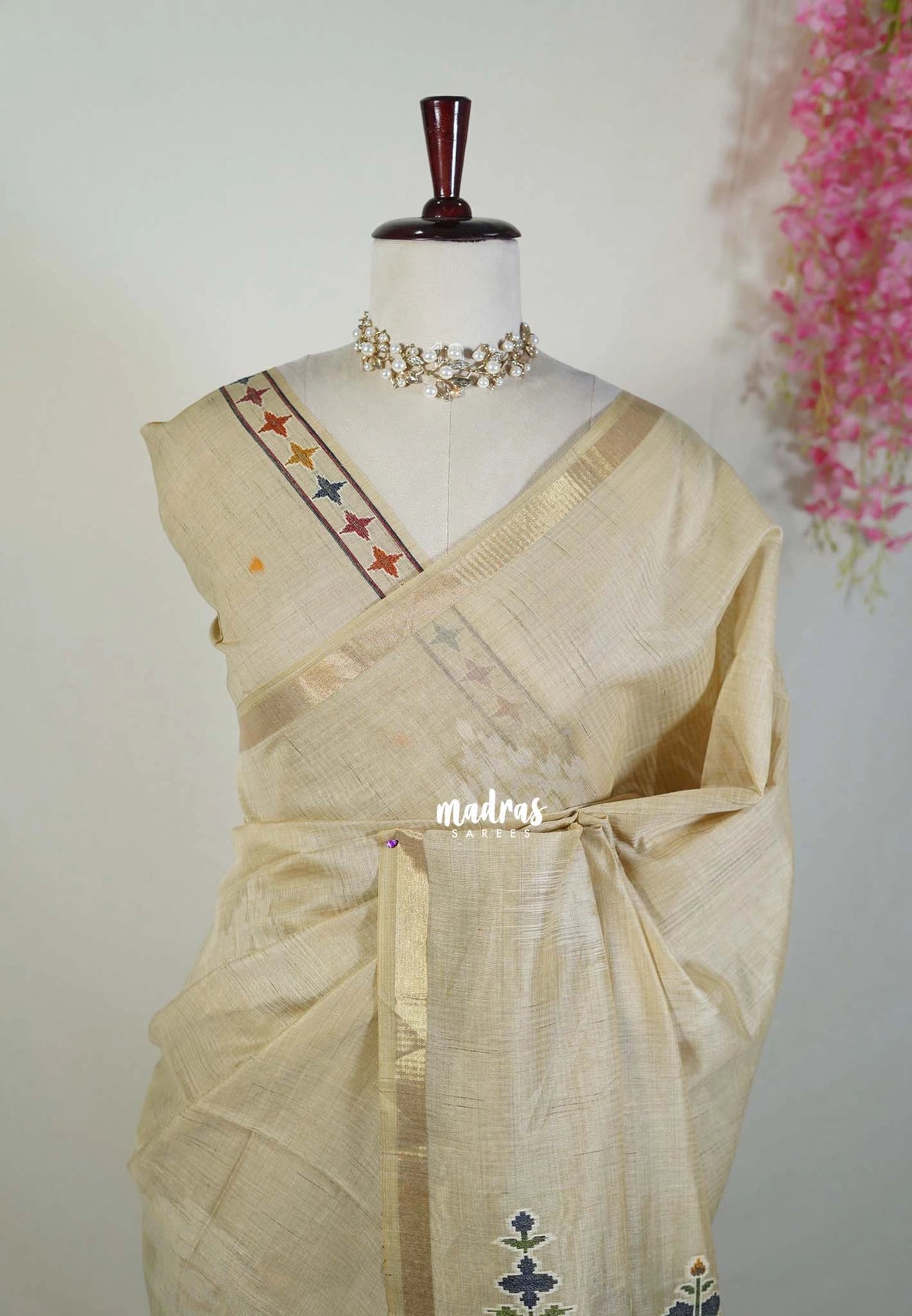 Sandal Beige - Artisan Crafted Soft Jute Linen with Ikkat Weaving Pallu - Best for Office Wear | Casual Wear