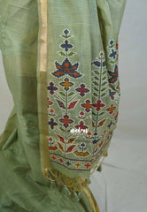 Muted Sage Green - Artisan Crafted Soft Jute Linen with Ikkat Weaving Pallu - Best for Office Wear | Casual Wear