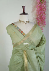 Muted Sage Green - Artisan Crafted Soft Jute Linen with Ikkat Weaving Pallu - Best for Office Wear | Casual Wear