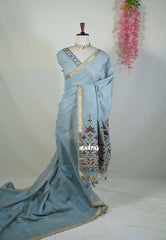 Greyish Blue - Artisan Crafted Soft Jute Linen with Ikkat Weaving Pallu - Best for Office Wear | Casual Wear