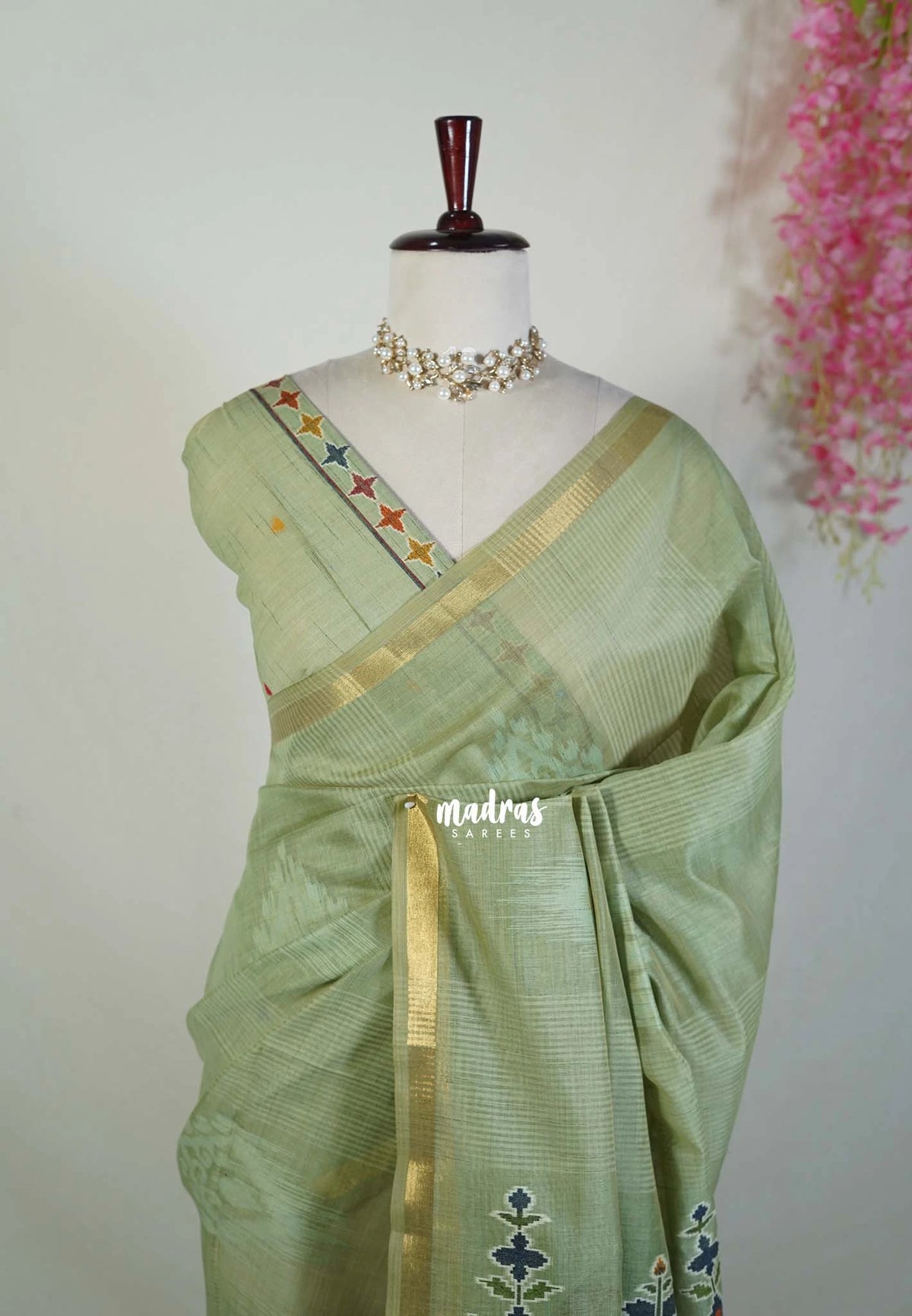 Muted Sage Green - Artisan Crafted Soft Jute Linen with Ikkat Weaving Pallu - Best for Office Wear | Casual Wear