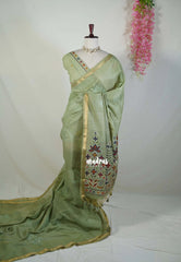 Muted Sage Green - Artisan Crafted Soft Jute Linen with Ikkat Weaving Pallu - Best for Office Wear | Casual Wear