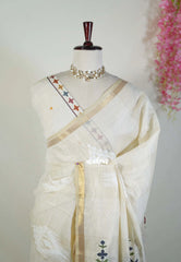 Ivory Beige - Artisan Crafted Soft Jute Linen with Ikkat Weaving Pallu - Best for Office Wear | Casual Wear