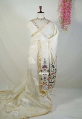 Ivory Beige - Artisan Crafted Soft Jute Linen with Ikkat Weaving Pallu - Best for Office Wear | Casual Wear