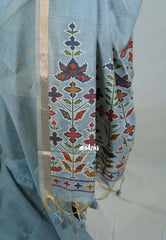 Greyish Blue - Artisan Crafted Soft Jute Linen with Ikkat Weaving Pallu - Best for Office Wear | Casual Wear